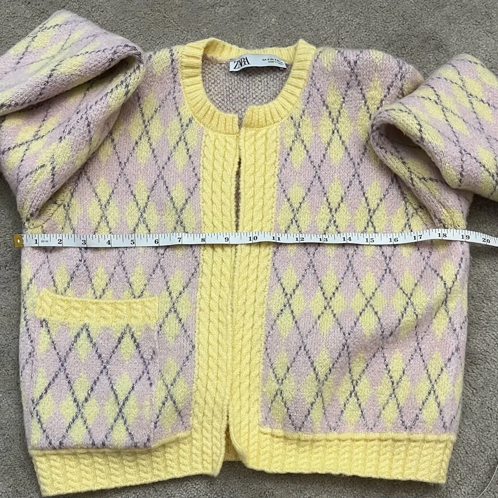 ZARA Pastel Argyle Knit Cropped Cardigan Yellow Lilac Open Front Size S